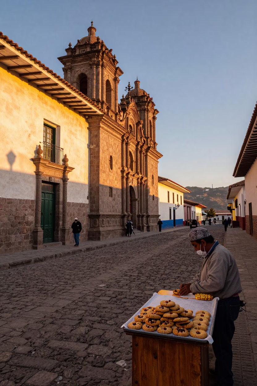 Sunset Street Scene in Cusco Peru with Stone Architecture and Local Life in in Cusco, Peru