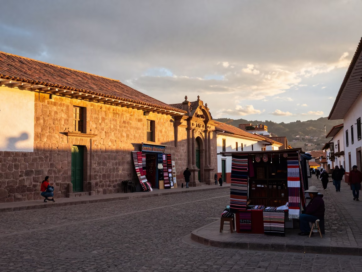 Sunset Street Scene in Cusco Peru with Textile Shop Display in in Cusco, Peru