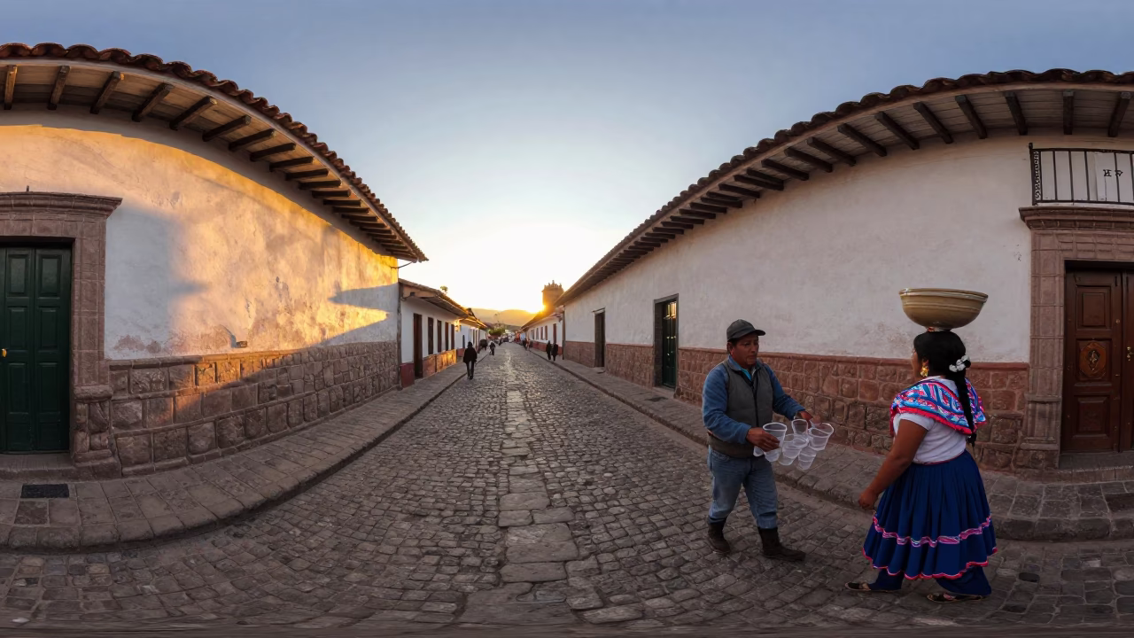 Sunset Street Scene in Cusco Peru with Traditional Architecture and Local Market Activity in in Cusco, Peru