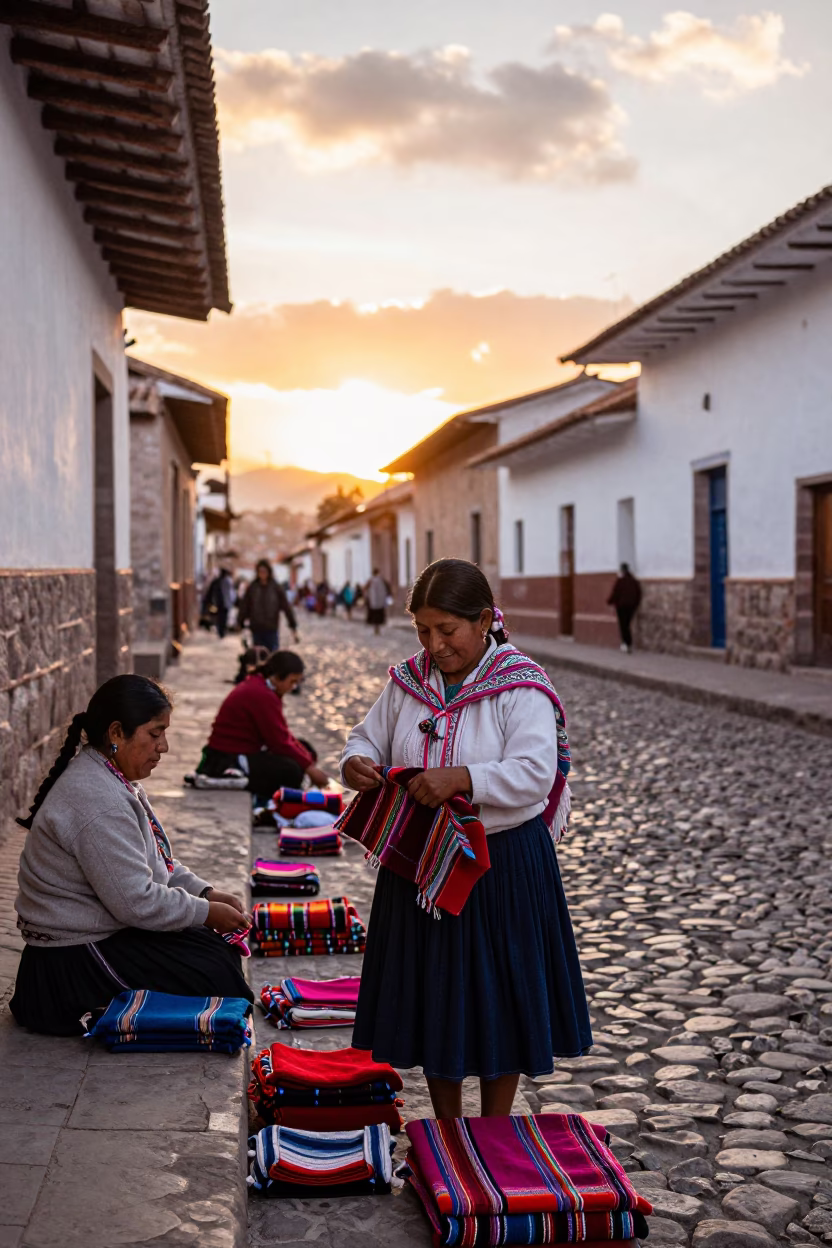 Sunset Street Scene in Cusco Peru with Traditional Textiles and Local Vendors in in Cusco, Peru