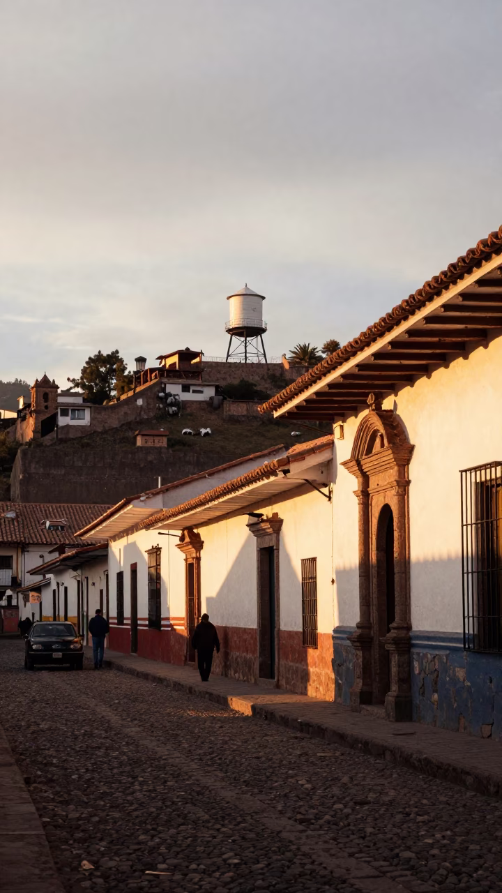Sunset Street Scene in Cusco Peru with Water Tower and Local Life in in Cusco, Peru