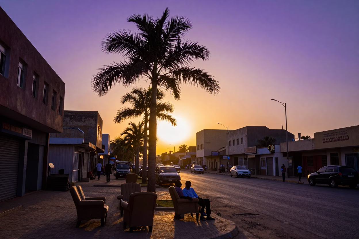 Sunset street scene in Dakar Senegal with armchairs and urban details in in Dakar, Senegal