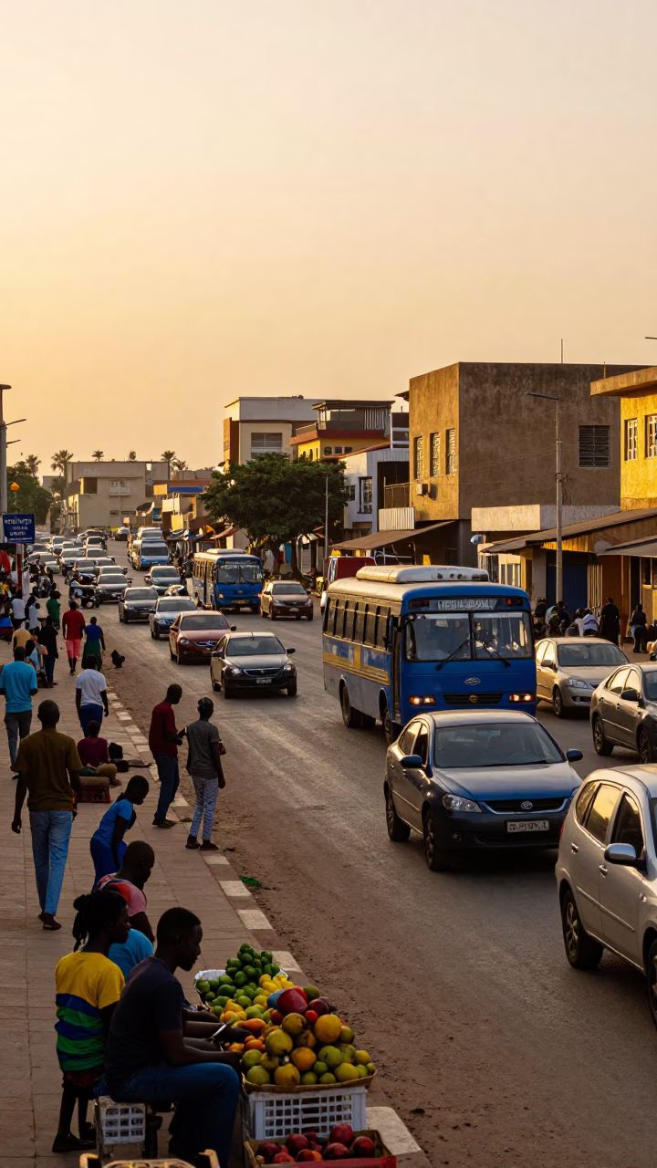 Sunset Street Scene in Dakar Senegal with Colorful Traffic and Local Market Activity in in Dakar, Senegal