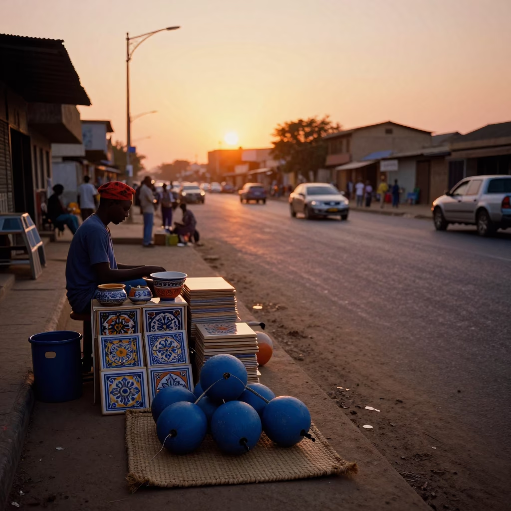 Sunset Street Scene in Dakar Senegal with Fishing Floats and Ceramic Tiles in in Dakar, Senegal