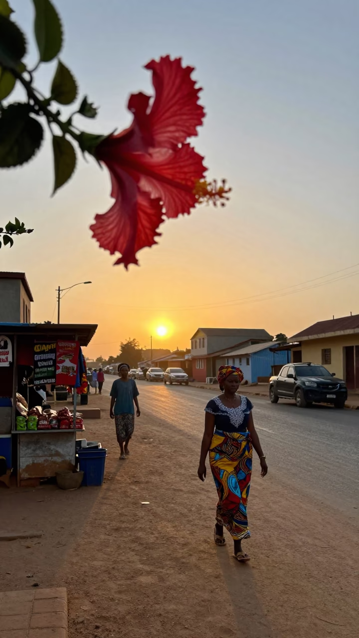 Sunset Street Scene in Dakar Senegal with Hibiscus Flower Detail in in Dakar, Senegal