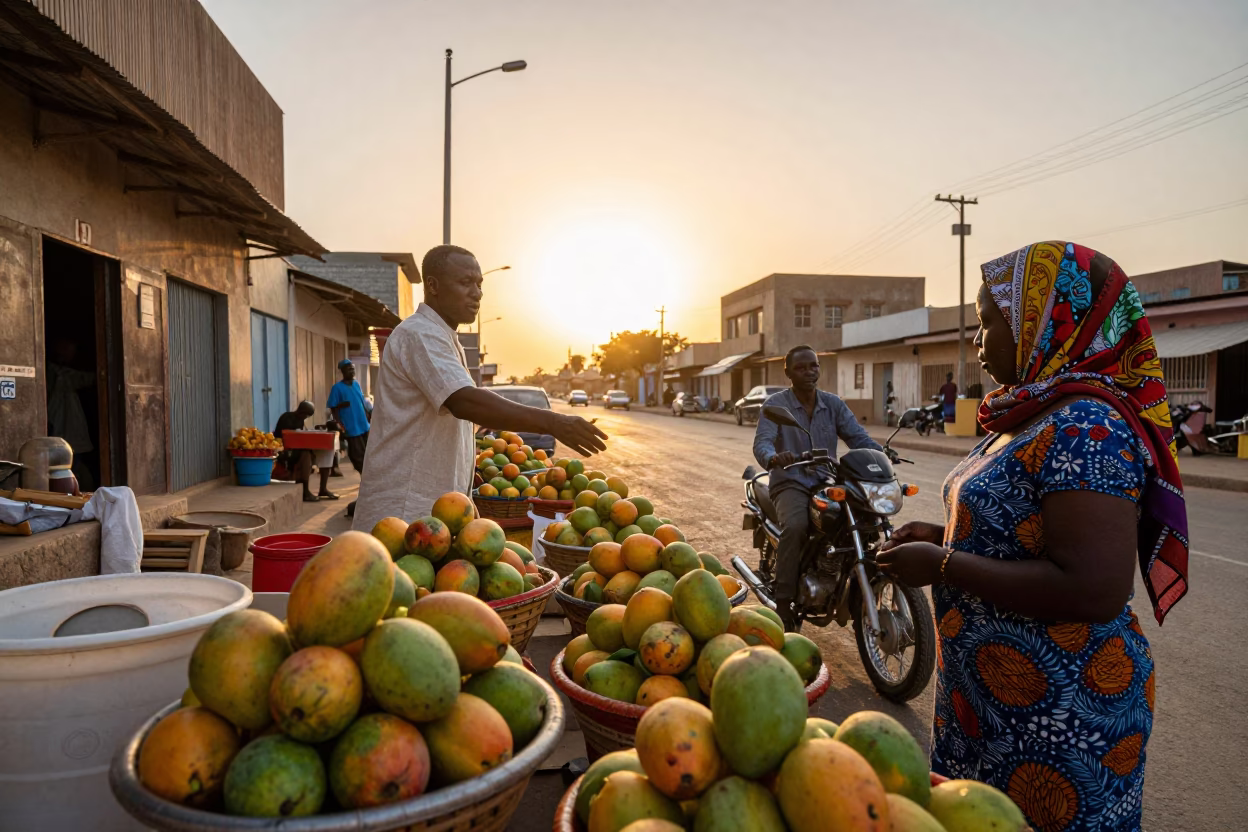 Sunset Street Scene in Dakar Senegal with Mangoes and Local Life in in Dakar, Senegal