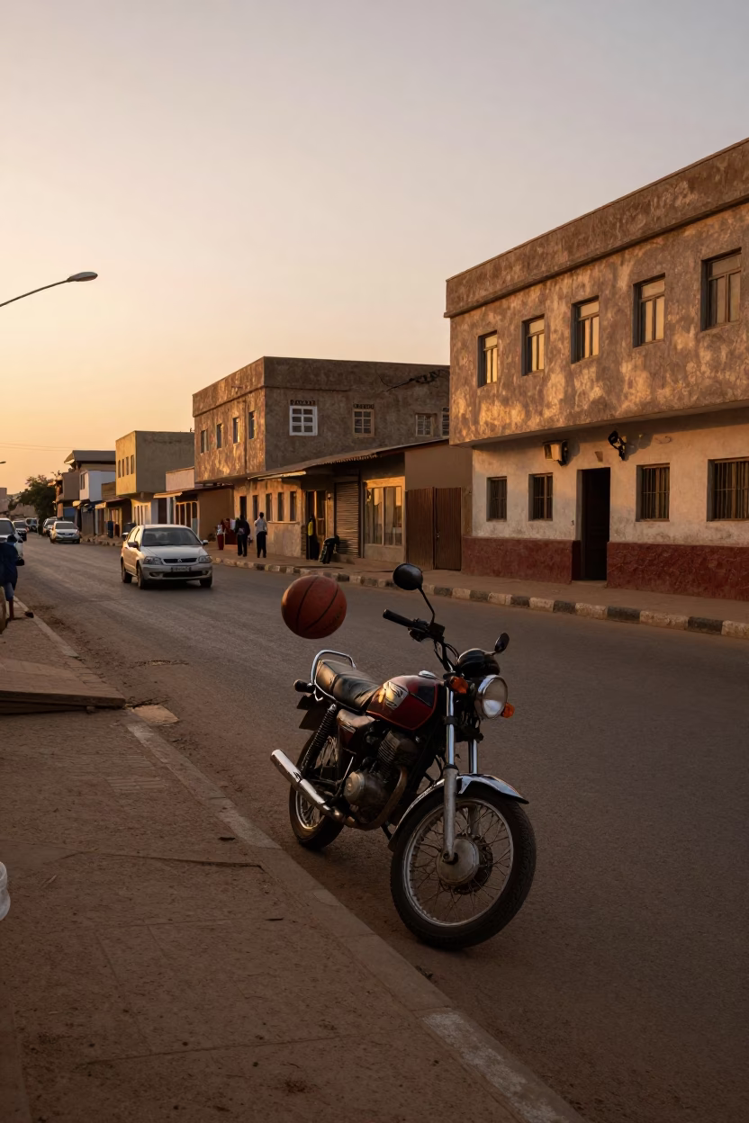 Sunset Street Scene in Dakar Senegal with Motorcycle and Leather Basketball in in Dakar, Senegal