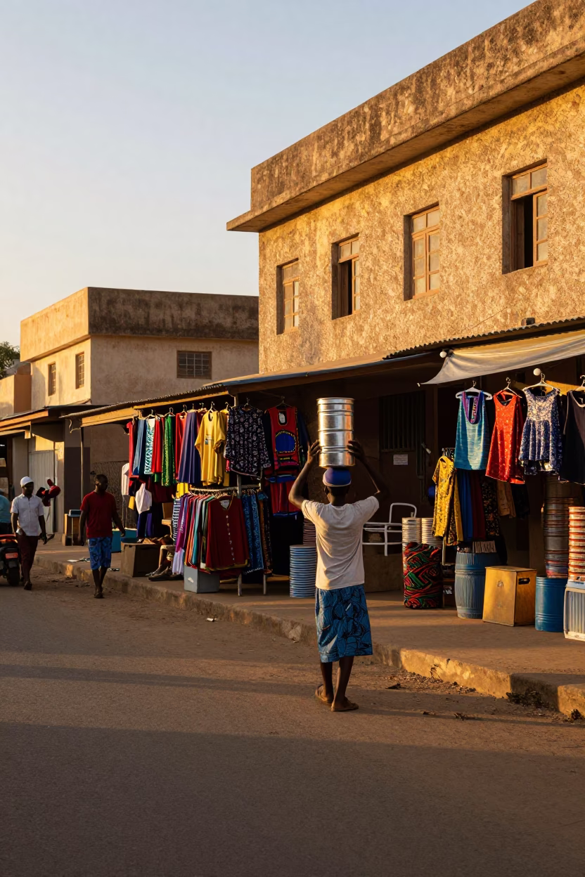 Sunset Street Scene in Dakar Senegal with Tiffin Tin and Local Interaction in in Dakar, Senegal
