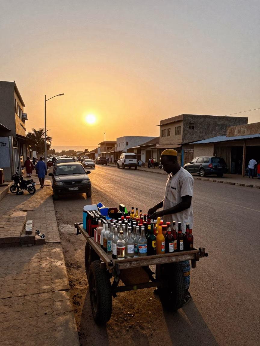 Sunset street scene in Dakar Senegal with vendor and traditional items in in Dakar, Senegal