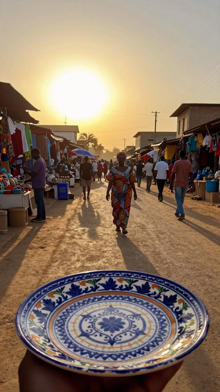 Sunset Street Scene in Dakar Senegal with Vintage Majolica Plate and Local Market Life in in Dakar, Senegal
