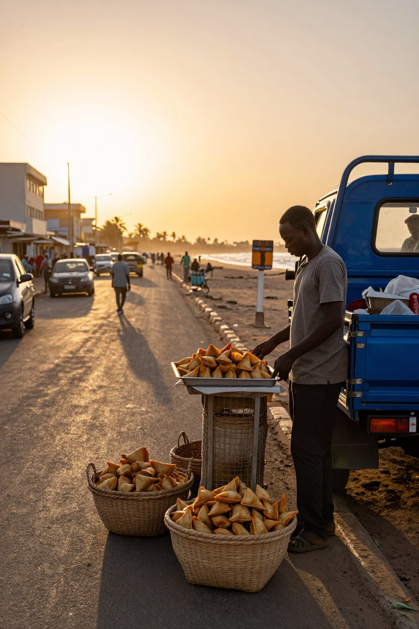 Sunset Street Scene in Dakar Senegal with Woven Baskets and Sambusa Tray in in Dakar, Senegal