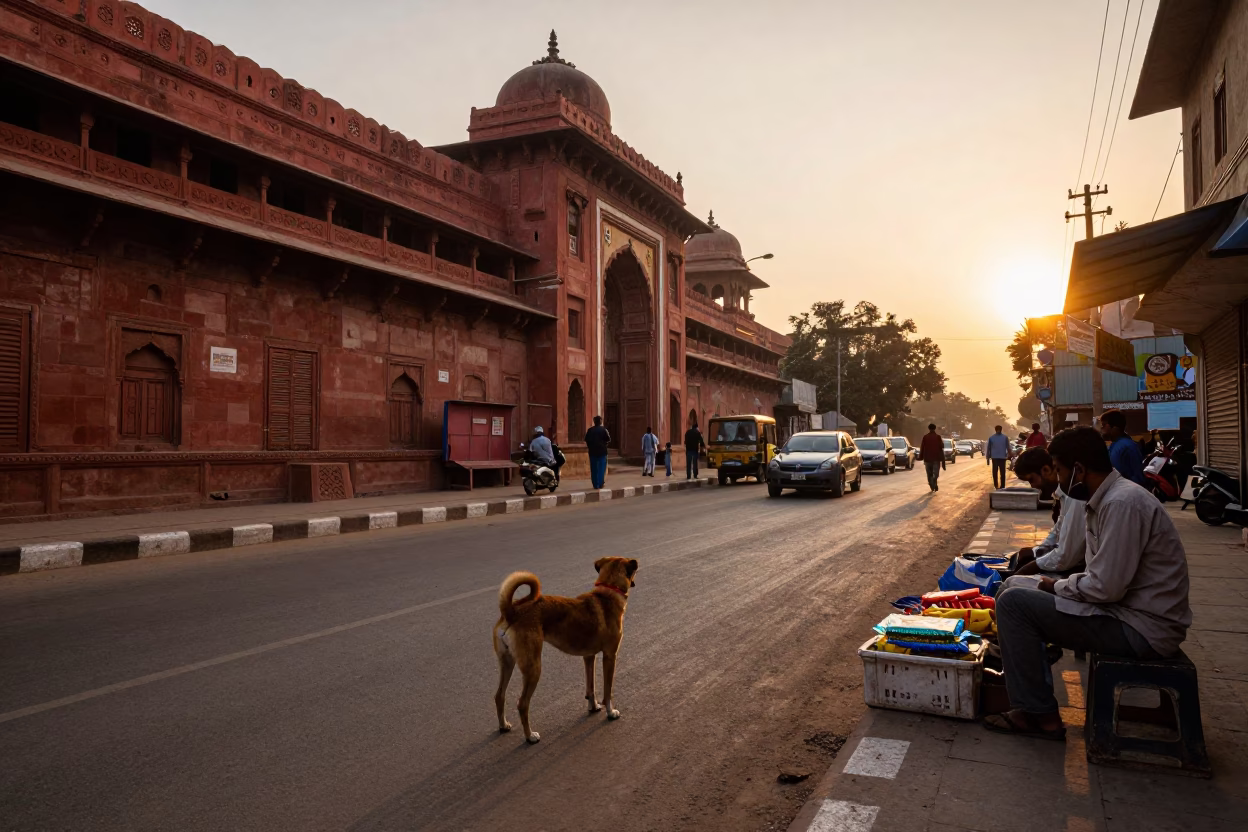 Sunset Street Scene in Delhi India with Brown Dog and Local Vendor in in Delhi, India