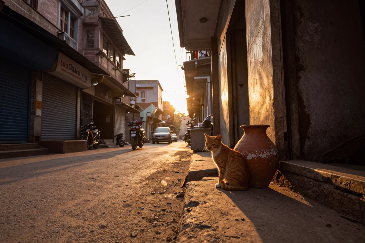 Sunset Street Scene in Delhi India with Cat and Clay Pot in in Delhi, India