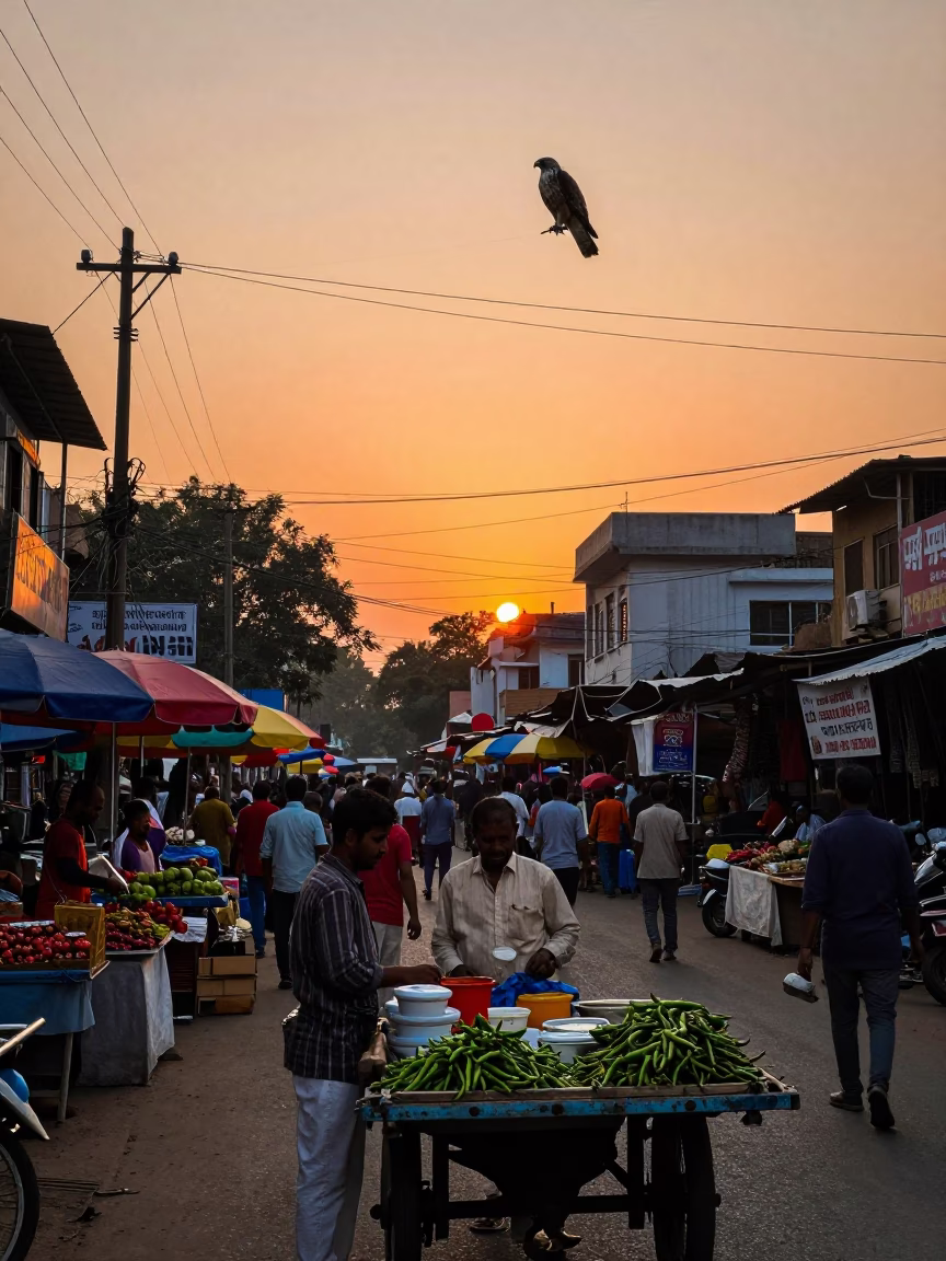 Sunset Street Scene in Delhi India with Colorful Local Market Activity in in Delhi, India