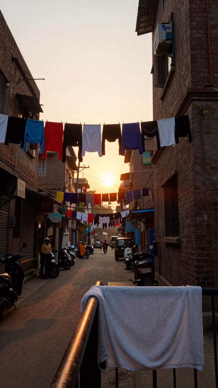 Sunset Street Scene in Delhi India with Hanging Laundry and Urban Infrastructure in in Delhi, India