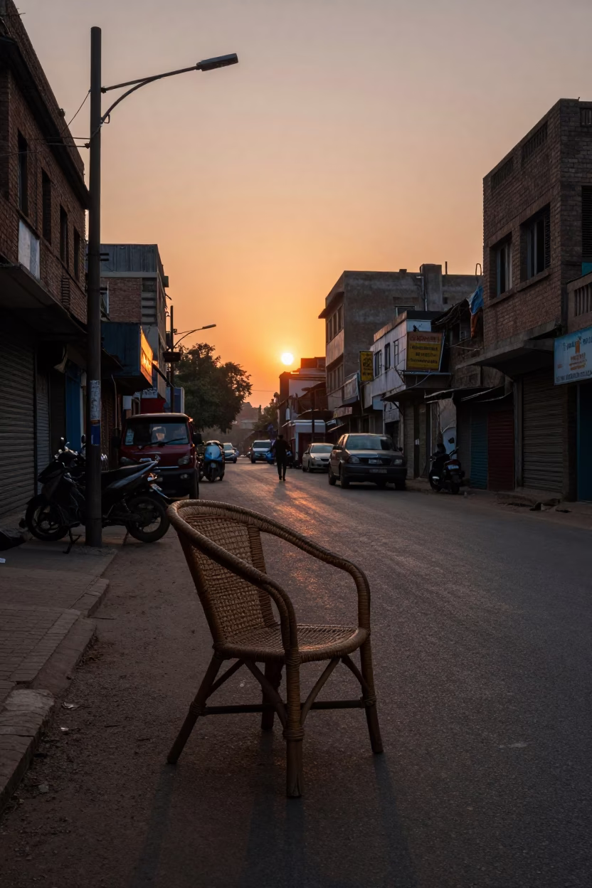 Sunset Street Scene in Delhi India with Rattan Chair and Local Vendor Interaction in in Delhi, India