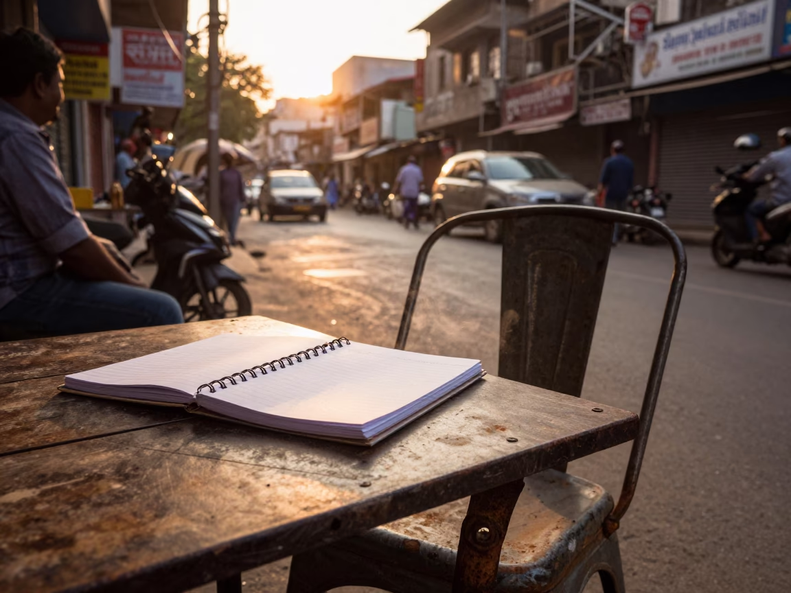 Sunset Street Scene in Delhi India with Rusty Metal Chair and Notebook on Table in in Delhi, India