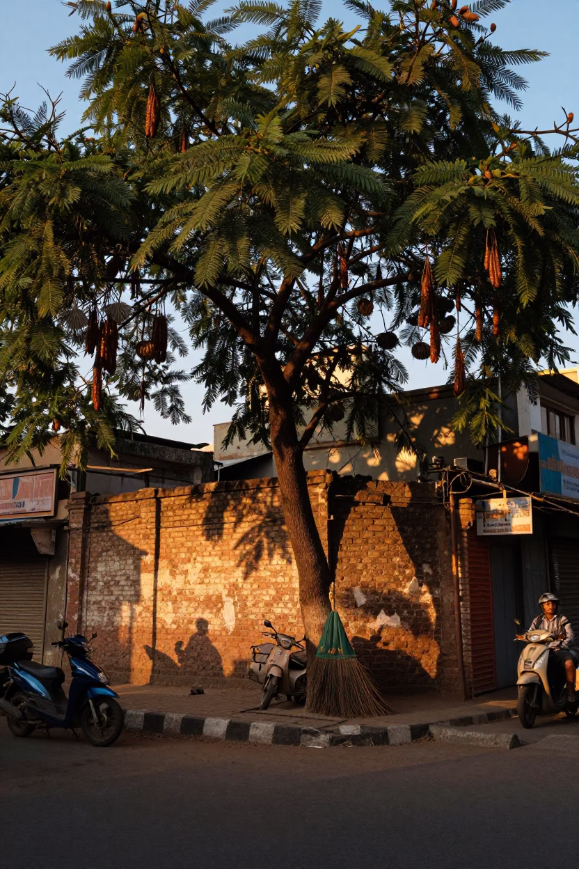 Sunset Street Scene in Delhi India with Tamarind Tree and Broom in in Delhi, India