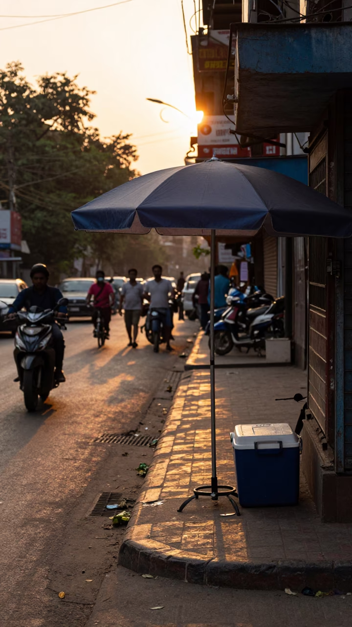 Sunset Street Scene in Delhi India with Umbrella Stand and Cooler Jug in in Delhi, India