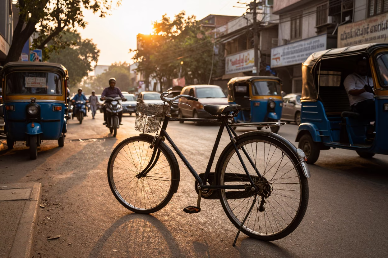 Sunset Street Scene in Delhi India with Vintage Bicycle and Local Market Activity in in Delhi, India