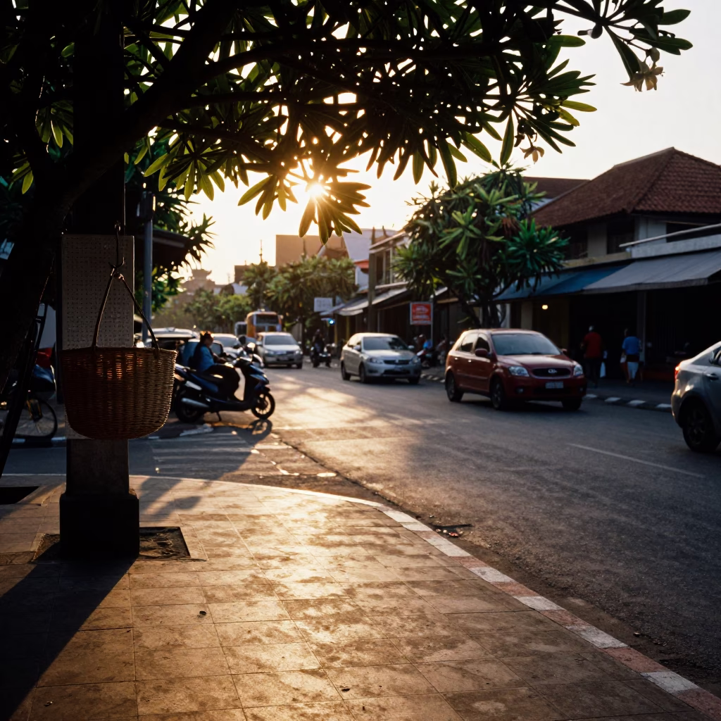 Sunset Street Scene in Denpasar Bali Indonesia with Leaf Shadows and Wicker Basket in in Denpasar, Indonesia