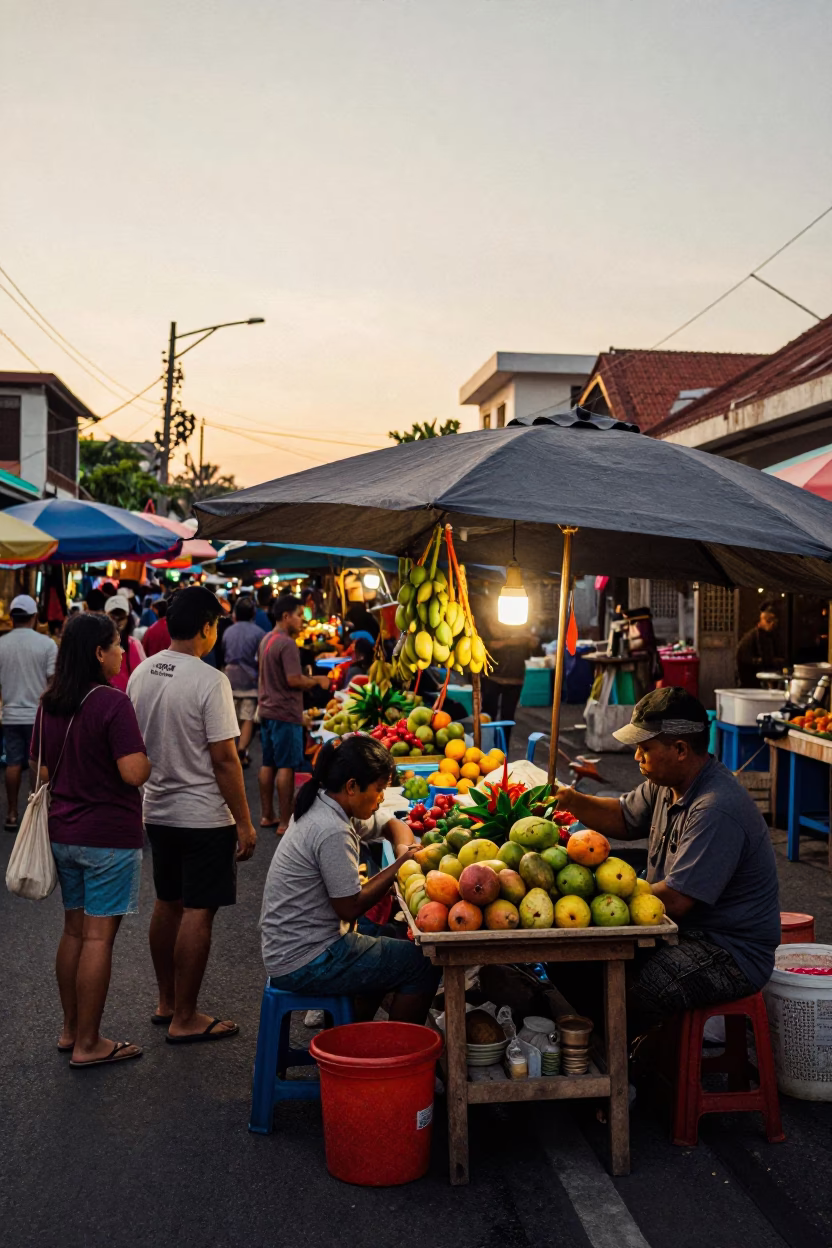 Sunset Street Scene in Denpasar Bali Indonesia with Local Market Activity and Traditional Decor in in Denpasar, Indonesia