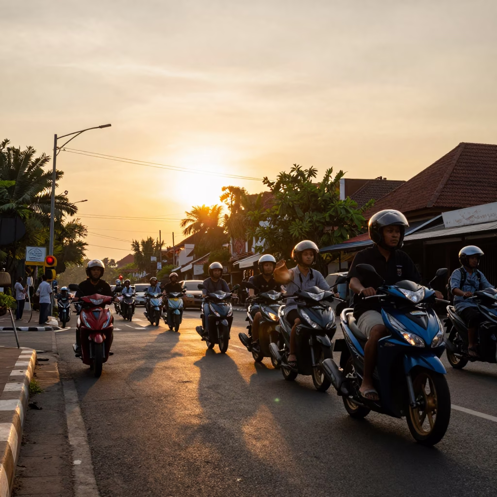 Sunset street scene in Denpasar Bali with motorbikes and traditional architecture in in Denpasar, Indonesia