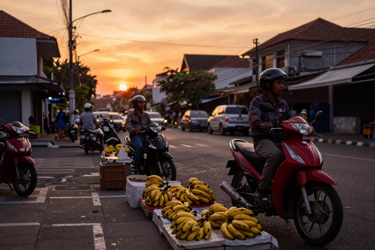 Sunset Street Scene in Denpasar Indonesia with Bananas and Motorcycle in in Denpasar, Indonesia