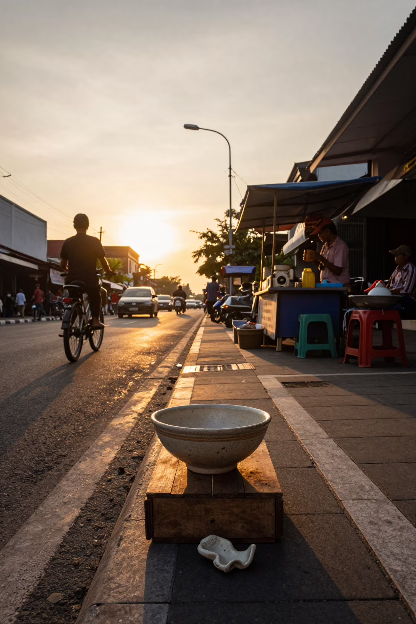 Sunset Street Scene in Denpasar Indonesia with Ceramic Bowl and Fallen Petals in in Denpasar, Indonesia