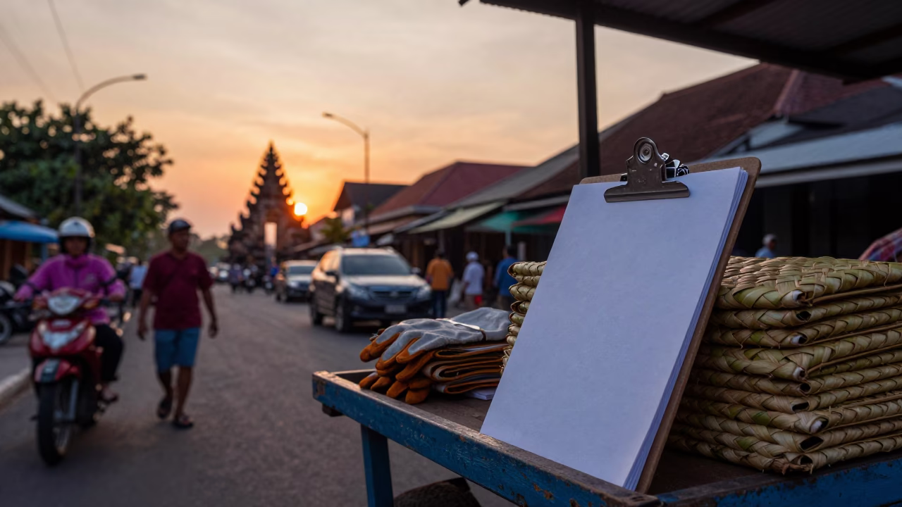 Sunset Street Scene in Denpasar Indonesia with Clipboard and Work Gloves in in Denpasar, Indonesia