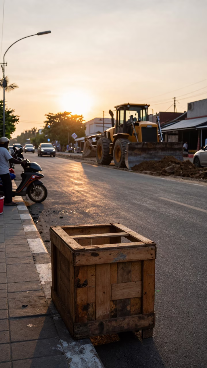 Sunset Street Scene in Denpasar Indonesia with Crate and Construction Activity in in Denpasar, Indonesia