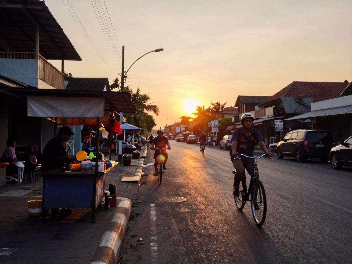 Sunset street scene in Denpasar Indonesia with cyclist and local vendor in in Denpasar, Indonesia
