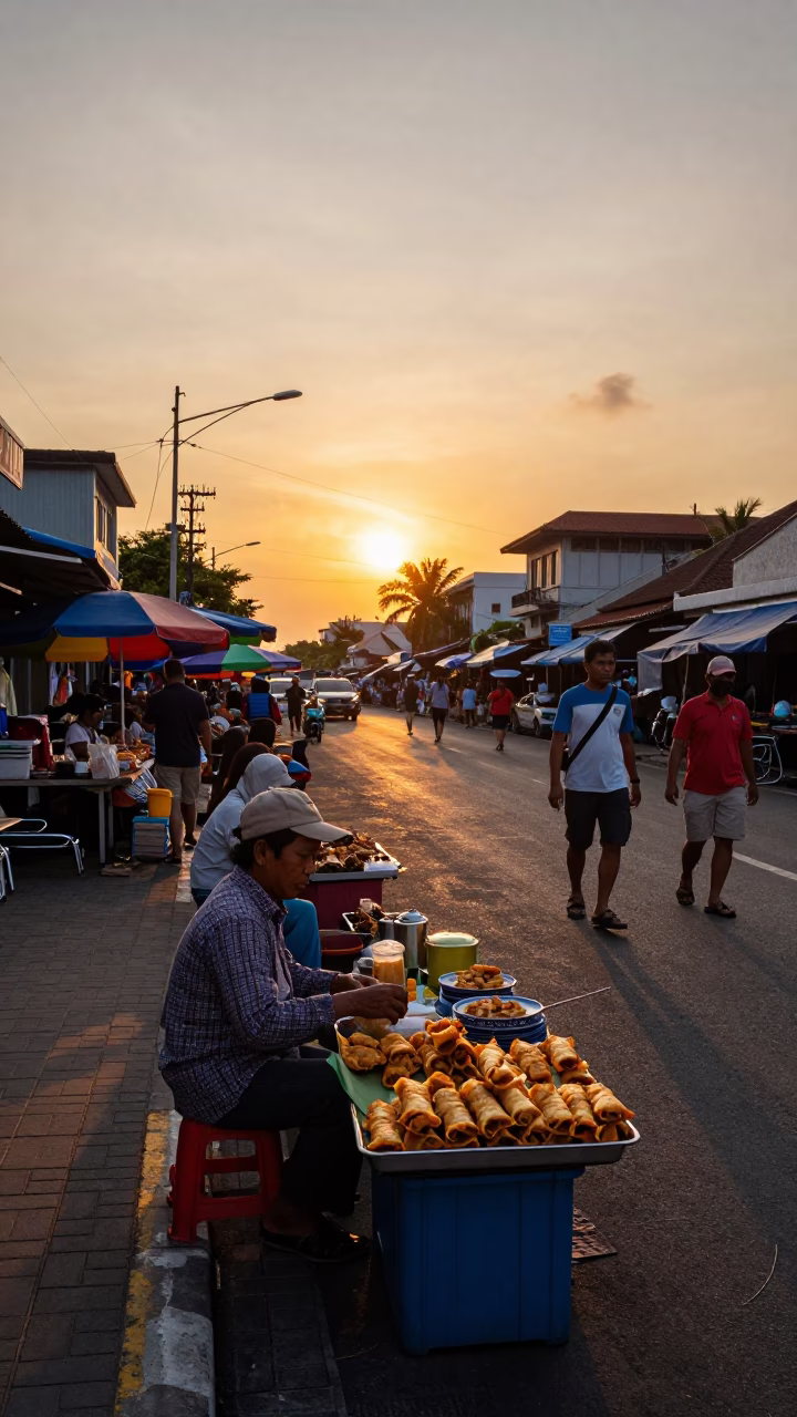 Sunset Street Scene in Denpasar Indonesia with Local Market Vendor and Traditional Lumpia in in Denpasar, Indonesia