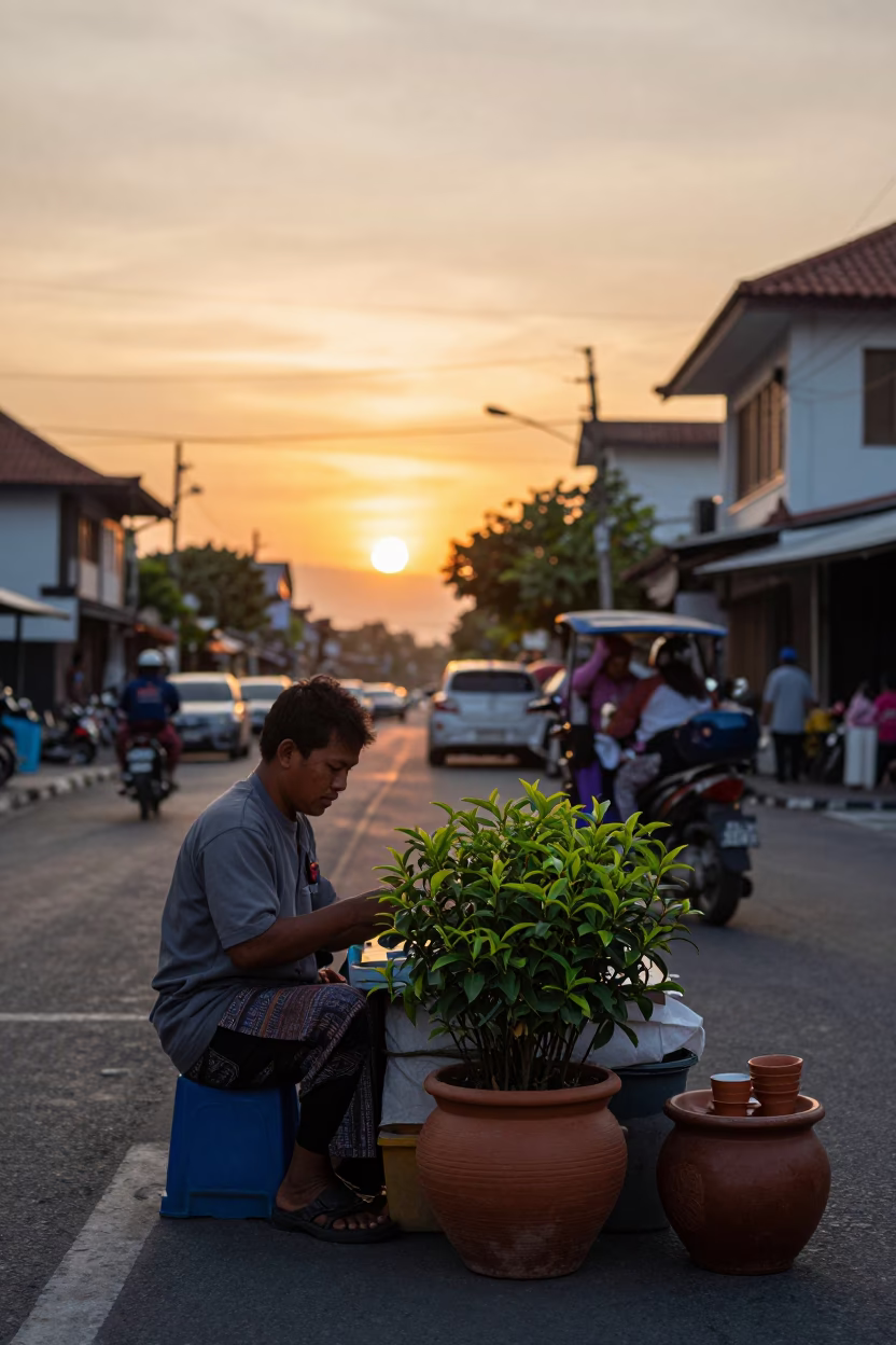 Sunset Street Scene in Denpasar Indonesia with Local Vendor and Tea Bush in in Denpasar, Indonesia