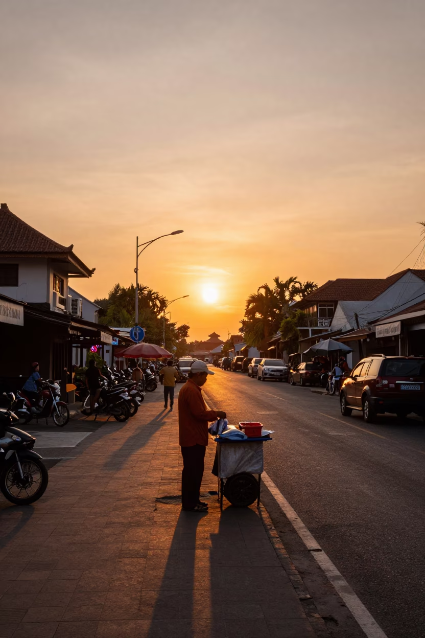 Sunset Street Scene in Denpasar Indonesia with Local Vendor and Traditional Elements in in Denpasar, Indonesia