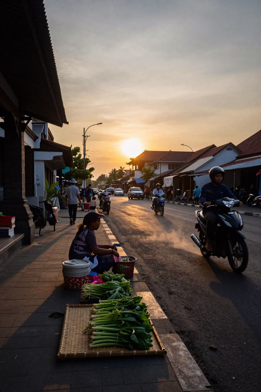 Sunset Street Scene in Denpasar Indonesia with Local Vendor and Traditional Market Activity in in Denpasar, Indonesia