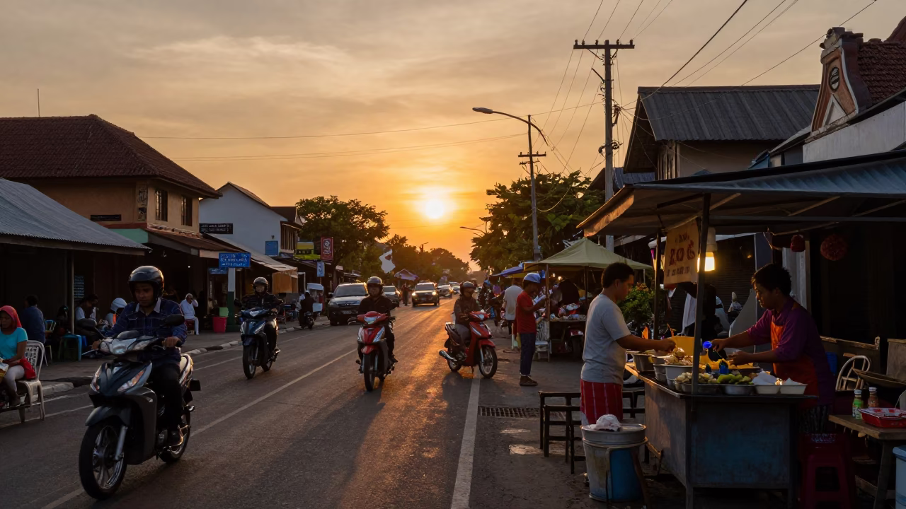 Sunset street scene in Denpasar Indonesia with local vendors and traditional architecture in in Denpasar, Indonesia