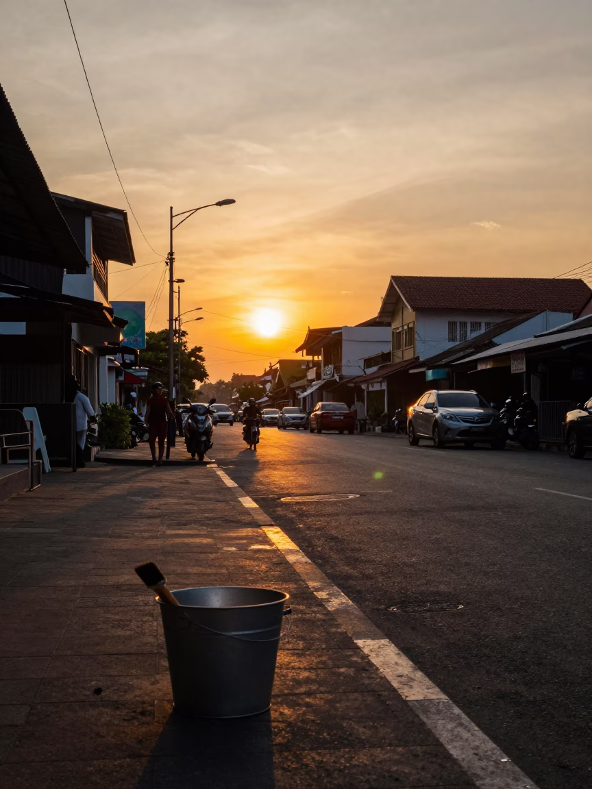 Sunset Street Scene in Denpasar Indonesia with Metal Bucket and Brush in in Denpasar, Indonesia
