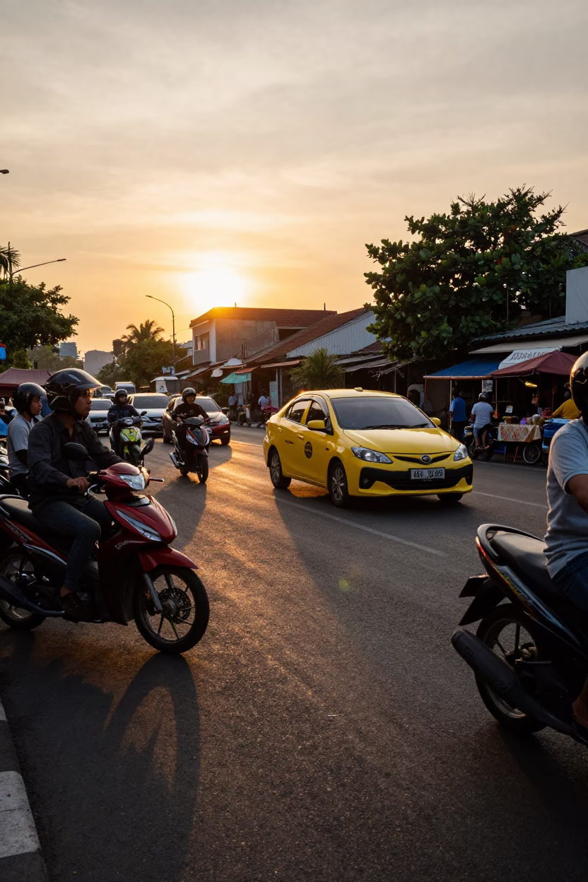 Sunset street scene in Denpasar Indonesia with motorbikes and local vendors in in Denpasar, Indonesia