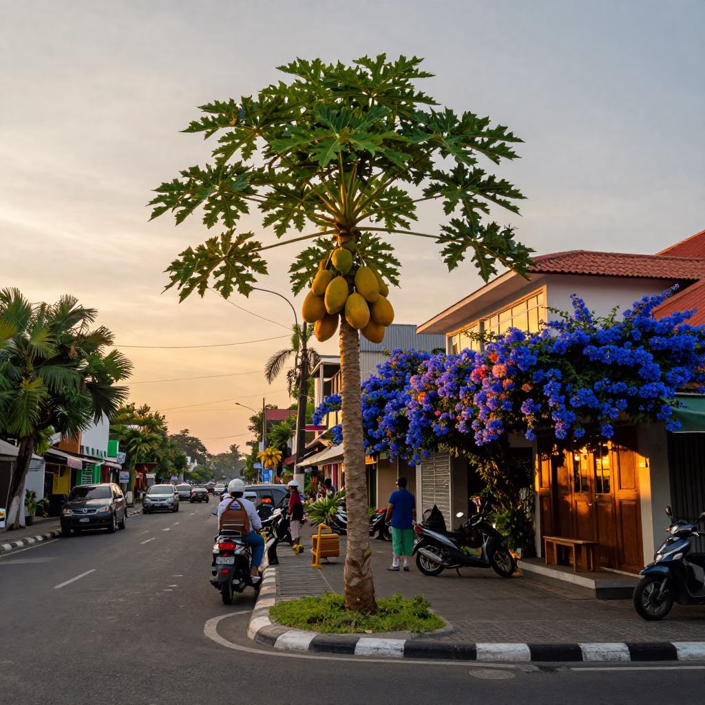 Sunset Street Scene in Denpasar Indonesia with Papaya Tree and Blue Plumbago Hedge in in Denpasar, Indonesia