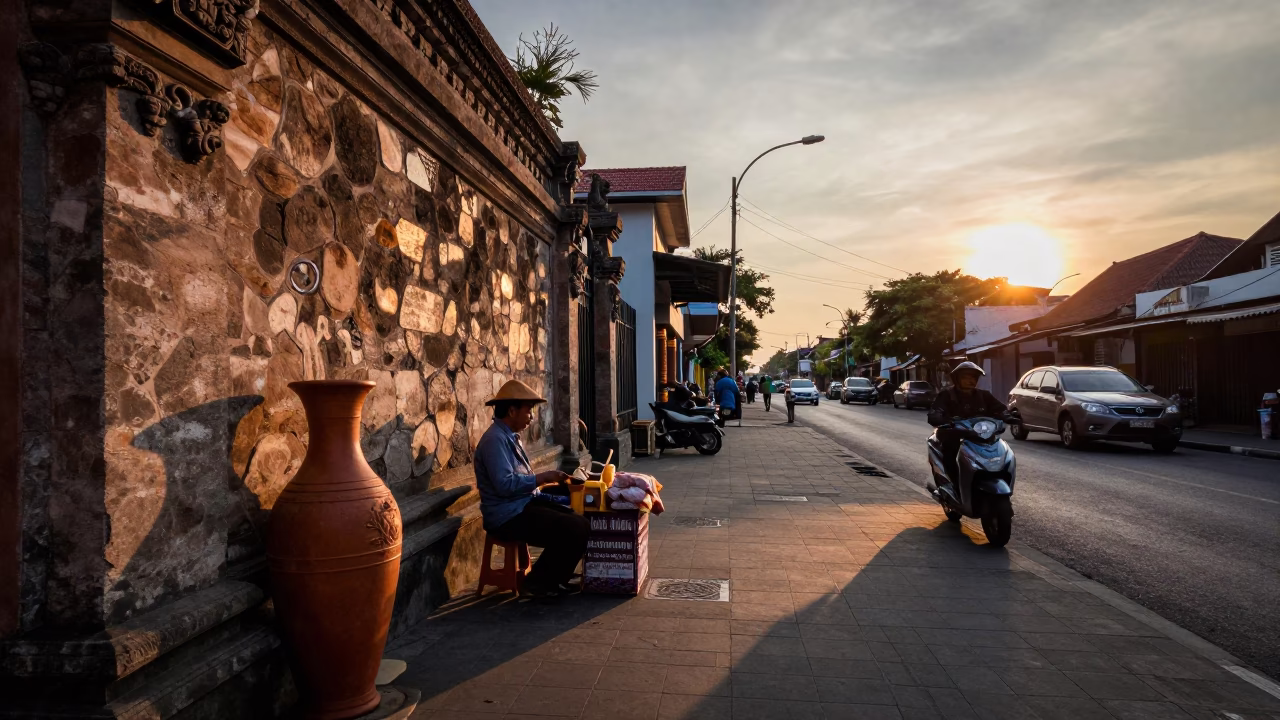 Sunset Street Scene in Denpasar Indonesia with Vase and Stone Wall in in Denpasar, Indonesia