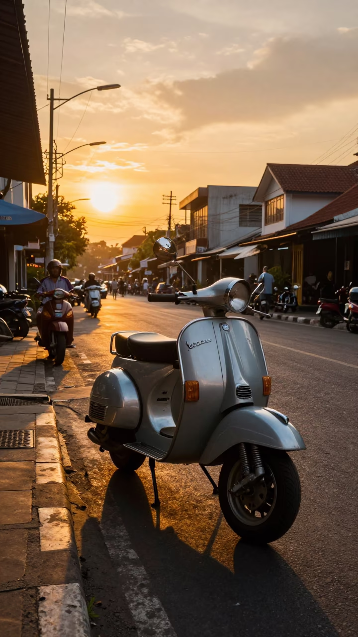 Sunset Street Scene in Denpasar Indonesia with Vintage Scooter and Local Vendor in in Denpasar, Indonesia