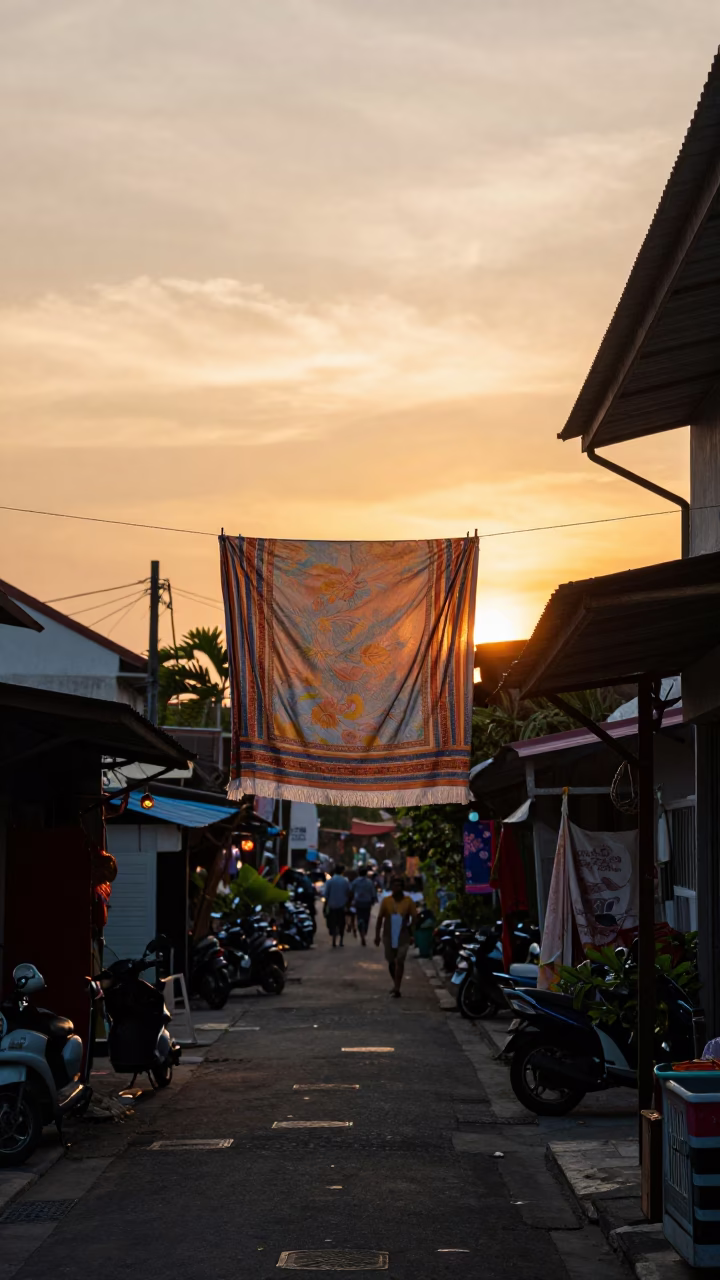 Sunset street scene in Denpasar with hanging scarf and hanging padlock in in Denpasar, Indonesia
