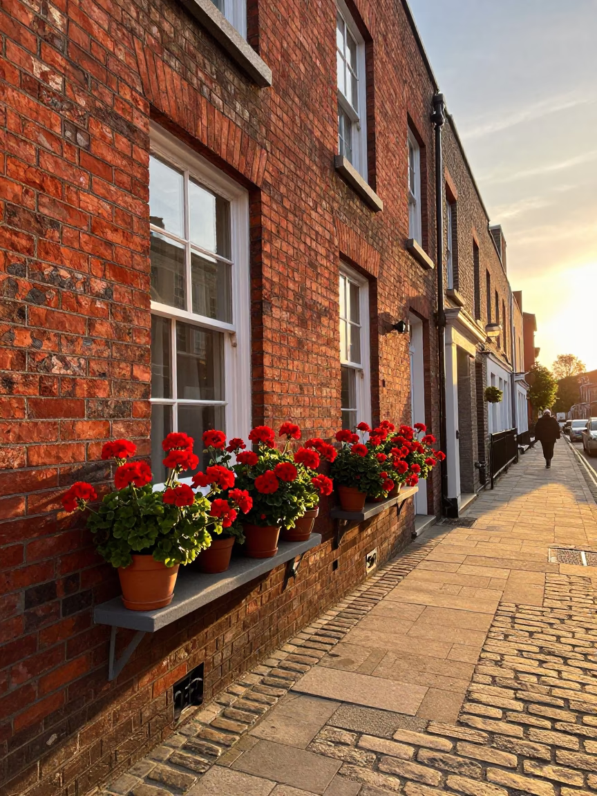 Sunset Street Scene in Dublin Ireland with Potted Geraniums and Traditional Brick Architecture in in Dublin, Ireland
