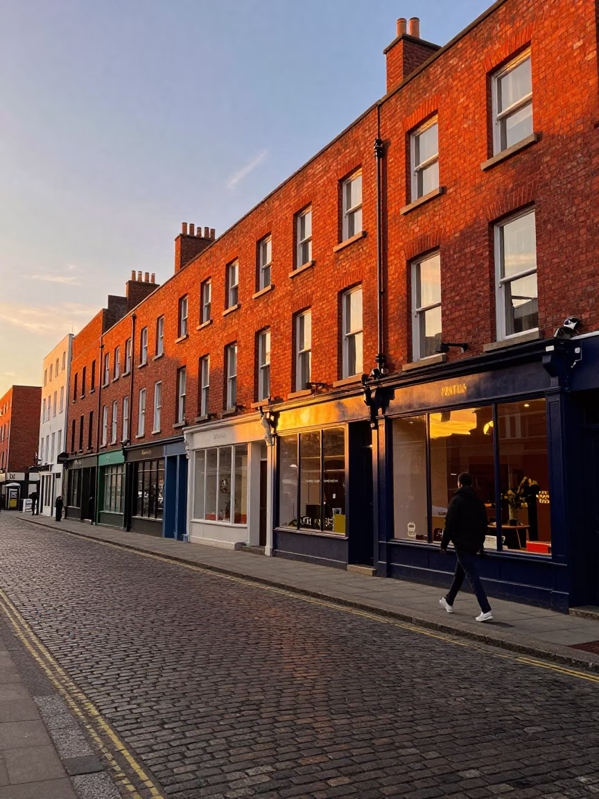 Sunset Street Scene in Dublin Ireland with Red Brick Architecture and Pedestrians in in Dublin, Ireland