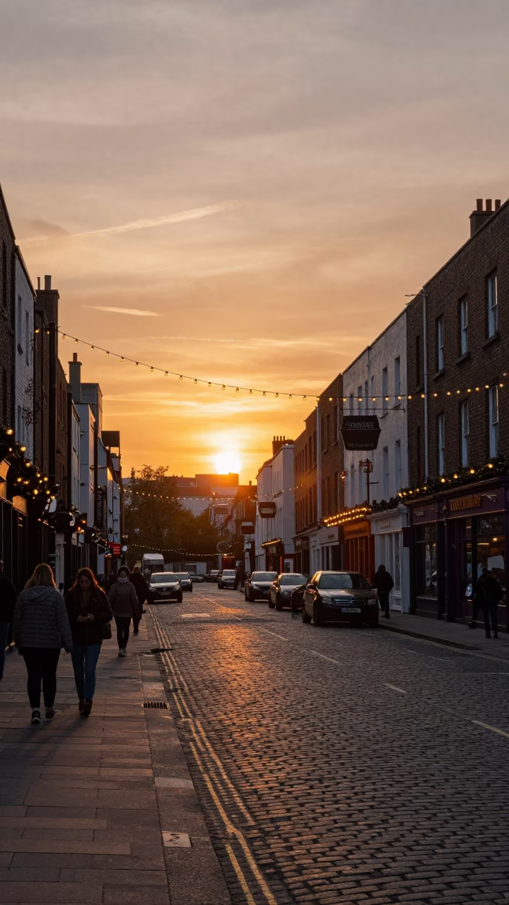 Sunset Street Scene in Dublin Ireland with String Lights and Vintage Atmosphere in in Dublin, Ireland