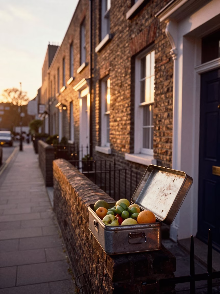 Sunset street scene in Dublin Ireland with tin box and fruit knife on cobblestone in in Dublin, Ireland