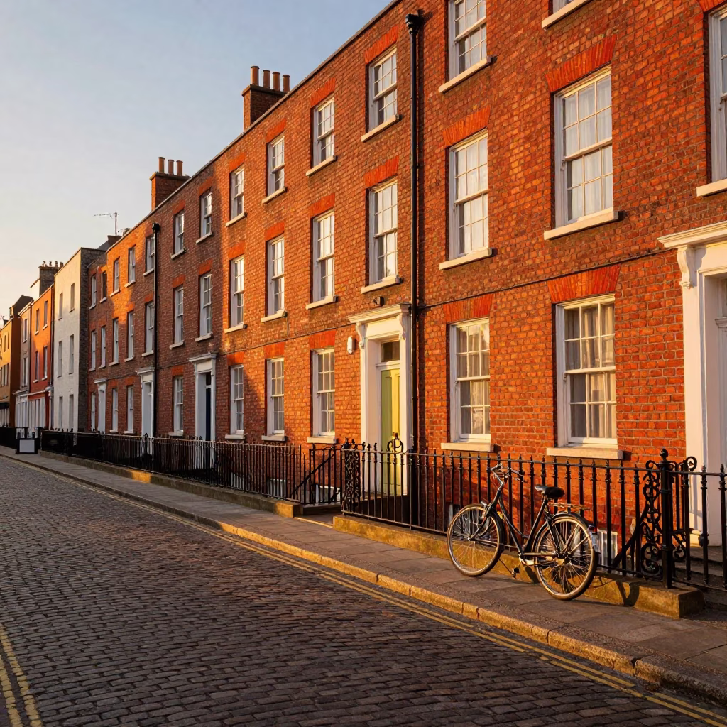 Sunset Street Scene in Dublin Ireland with Vintage 1980s Elements and Urban Details in in Dublin, Ireland