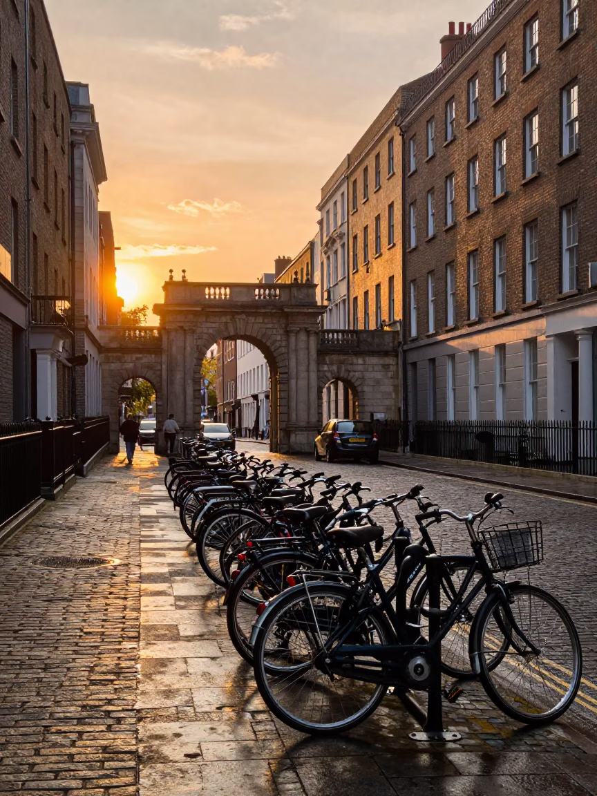 Sunset Street Scene in Dublin Ireland with Vintage Bicycle Rack and Cobblestone Alley in in Dublin, Ireland