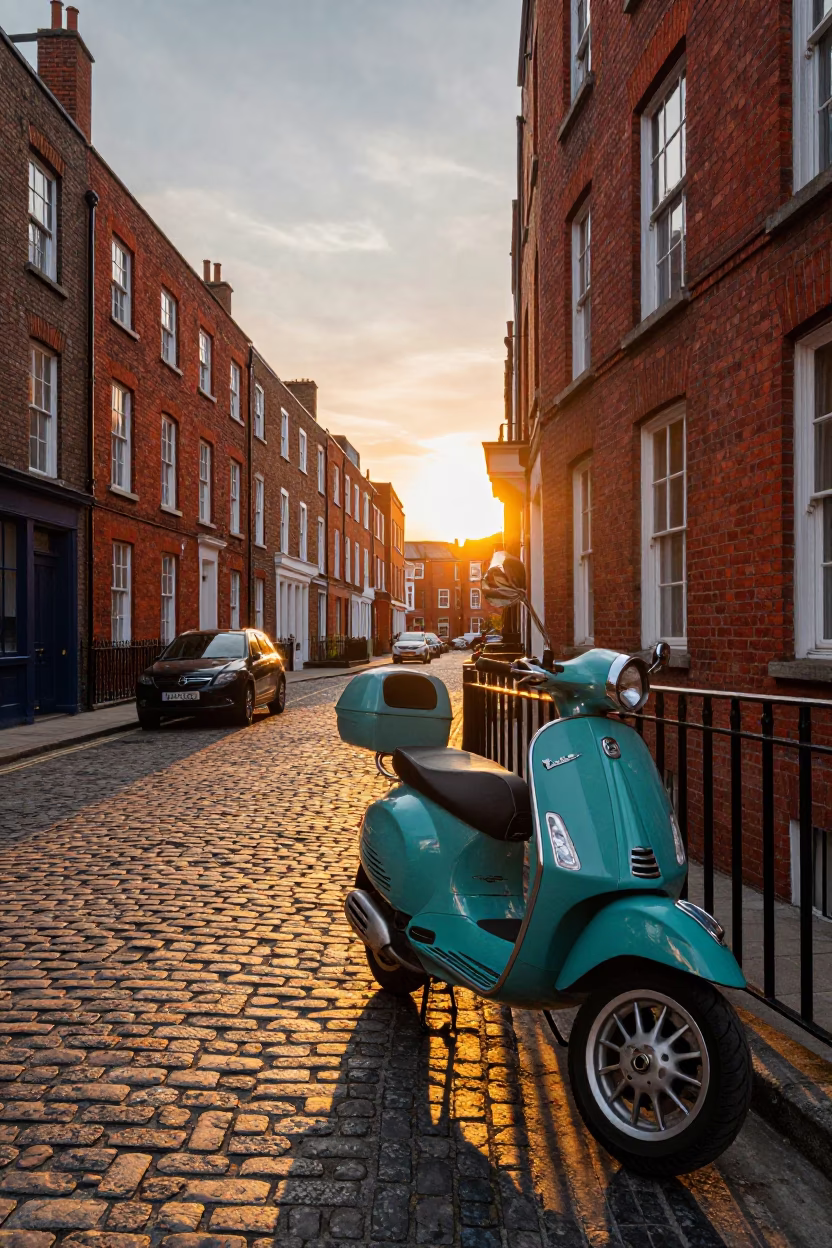 Sunset Street Scene in Dublin Ireland with Vintage Vespa and Cobblestone Lane in in Dublin, Ireland